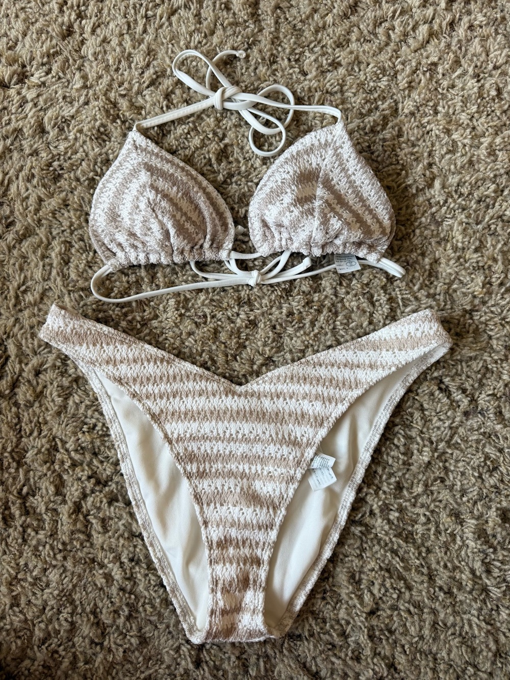 Hollister Beige and White Striped Textured Bikini